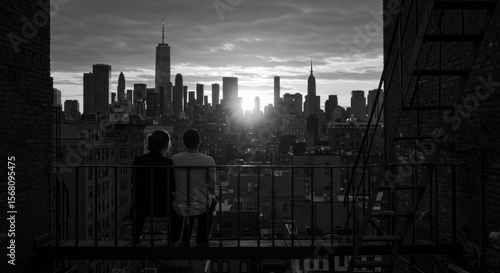 Rooftop serenity: a couple contemplates the majestic cityscape of New York at dusk