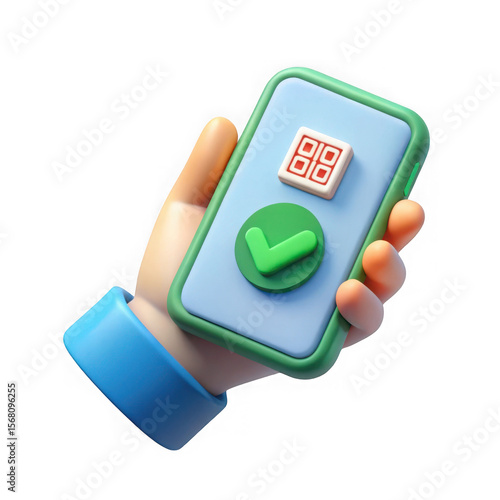 3d cartoon hand holding smartphone with qr code and checkmark isolated on white background