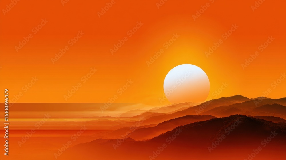 Obraz premium A sunset over a mountain range with a large white sun in the sky