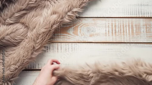 Aesthetic Cozy Flat Lay with White Wood and Faux Fur
