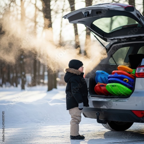 Young caucasian child by car with sleds in winter park