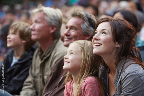 Family attend outdoor performance, captivated by show. shared experience brings joy and wonder to their faces, creating heartwarming moment