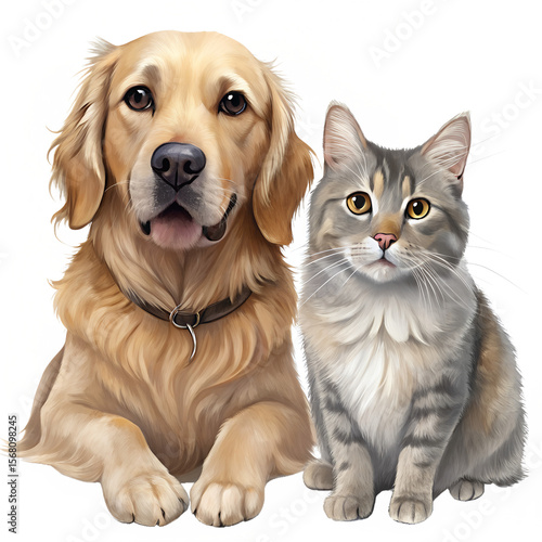  cat and Golden Retriever on white background