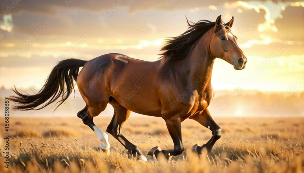 a majestic brown horse galloping gracefully across an open field with sunlight shining behind it a majestic brown horse galloping gracefully across an open field with sunlight shining behind it