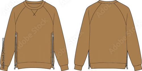cad drawing flat vector illustration, technical sketch of side zip sweatshirt, front and back view, fashion design template, apparel mockup
