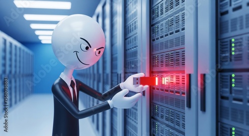 3d render of a malicious cartoon character stealing data with a usb drive in a server room