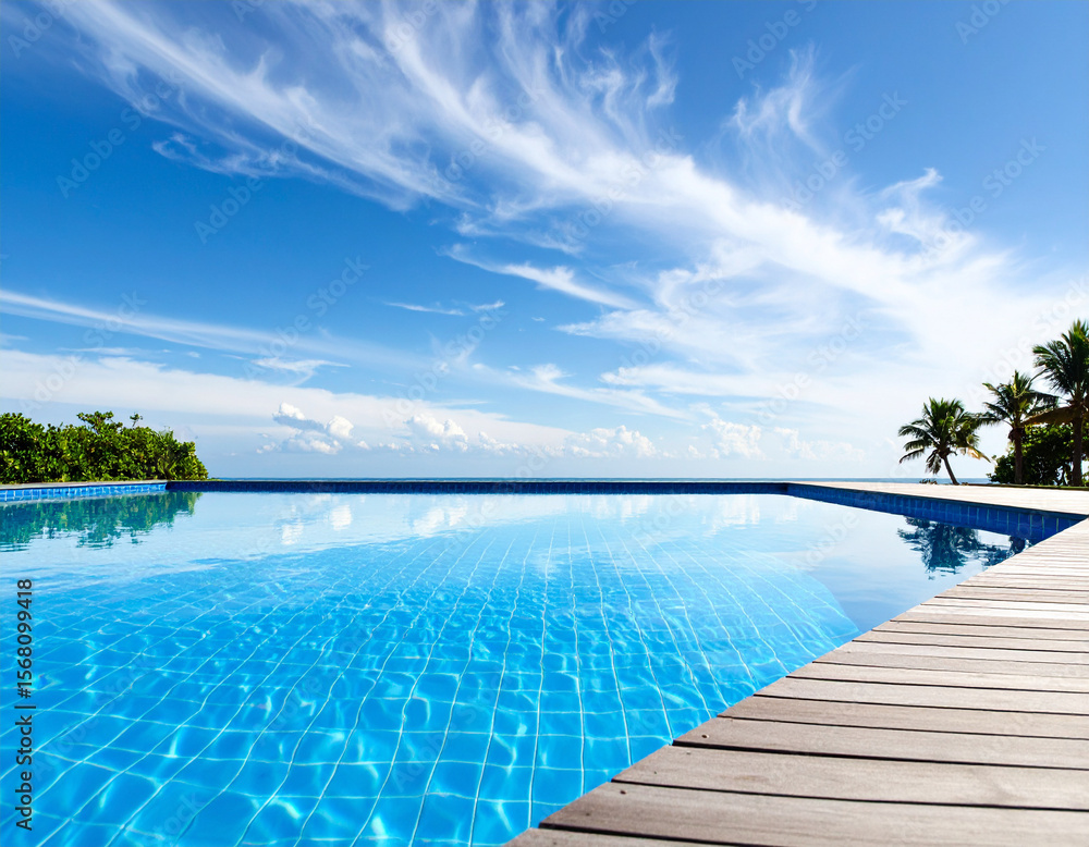 Fototapeta premium The shimmering, distorted reflection of a bright blue sky on the rippling surface of an empty pool.