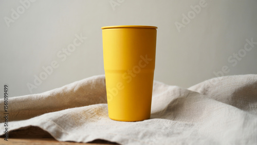 Bright Yellow Ceramic Tumbler on Natural Linen Textile Background