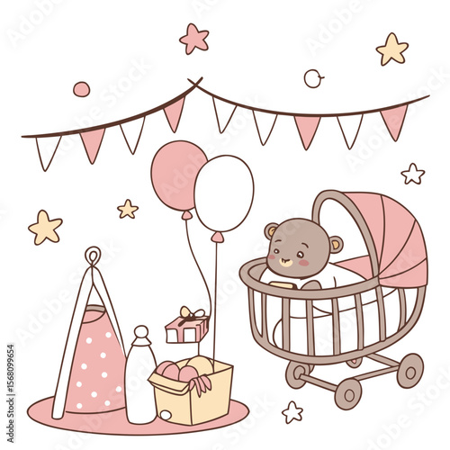 Teddy bear in stroller with baby items baby stroller