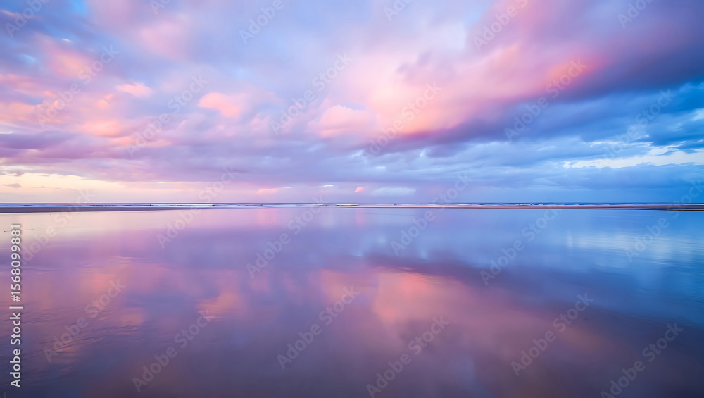Fototapeta premium Serene Coastal Sunset: Pink and Purple Sky Reflected in Calm Ocean Waters