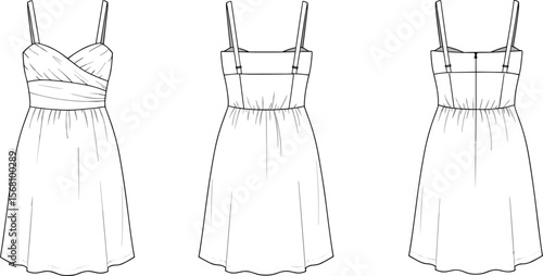 cad drawing flat vector illustration, tiered ruffle dress with bow strap, technical fashion sketch, front and back view