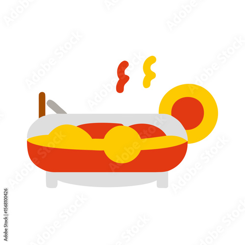 Hot pot with colorful ingredients steaming in a round bowl  