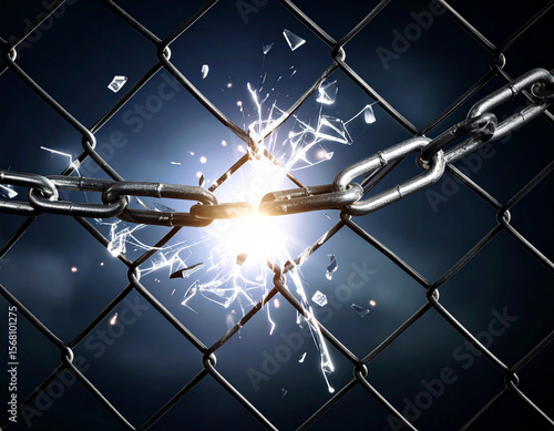 Broken chain link on metal fence illustrates vulnerability and security breach in a dark, foreboding setting at night