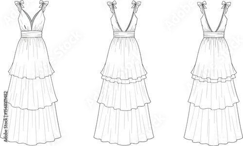 cad drawing flat vector illustration, women tiered maxi dress technical fashion sketch, front and back view design template