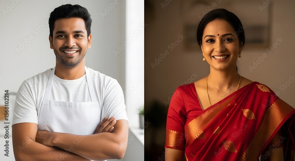 Fototapeta premium Smiling couple, a man in a white shirt and a woman in a vibrant red sari, exude warmth and happiness. Their confident poses suggest success and contentment.