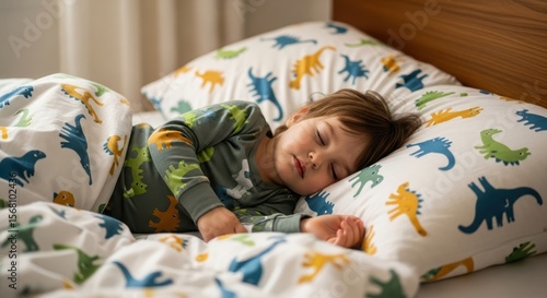 Young caucasian child sleeping in bed with dinosaur-themed bedding