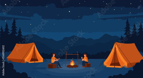 Peaceful Camping Night with Stars Above and Empty Sky for Inspirational Message in Flat Style