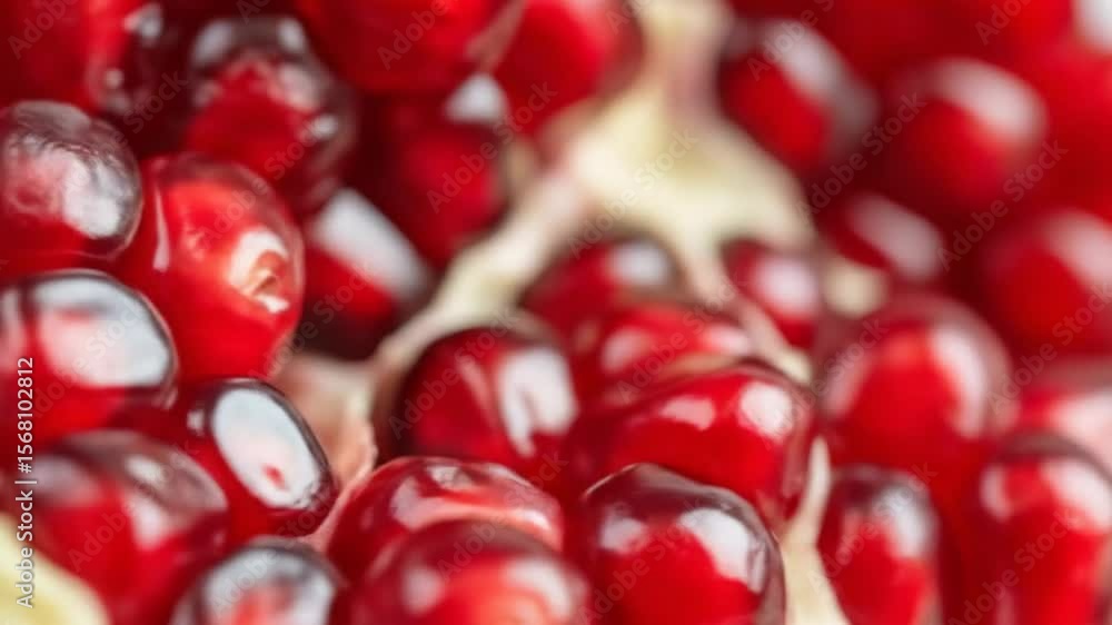 Close up detailed video showing shiny red pomegranate seeds with glossy texture and vibrant color Close up detailed video showing shiny red pomegranate seeds with glossy texture and vibrant color