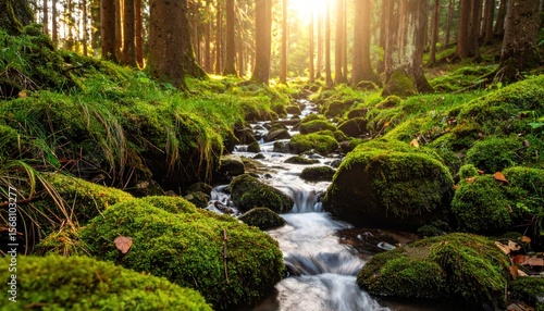 Sun-Kissed Stream Flowing Through a Lush Green Forest with Mossy Rocks