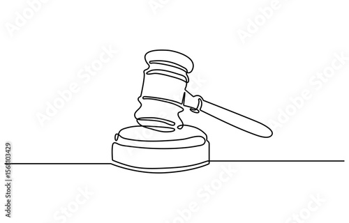 Judge hammer one continuous single line art drawing, One line drawing of judge hammer law symbol continuous hand drawn sketch minimalist design vector illustration