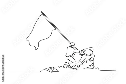 Soldiers raising flag towards the end of World War II.  world war concept. Single line draw design. Vector graphic illustration