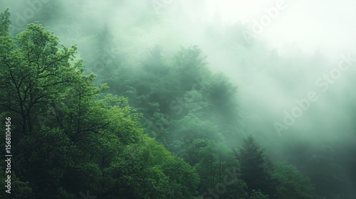 Green forest after rain in a fog top view. Misty rainforest background mock up. Mysterious landscape.
