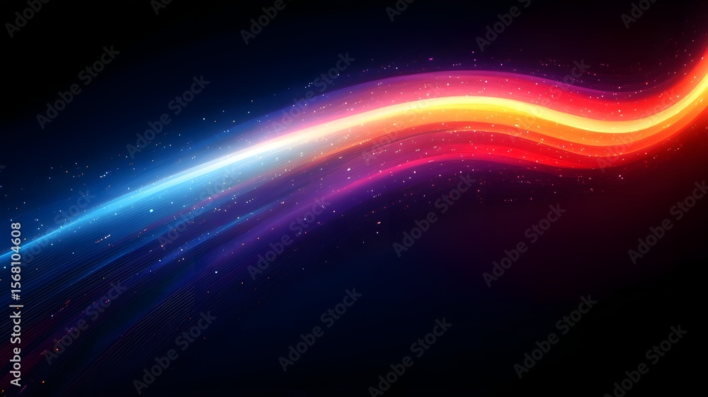 Fototapeta premium Abstract digital artwork featuring a glowing, flowing light trail that transitions from cool blues to warm reds and yellows, embedded with sparkling particles. It evokes speed, energy