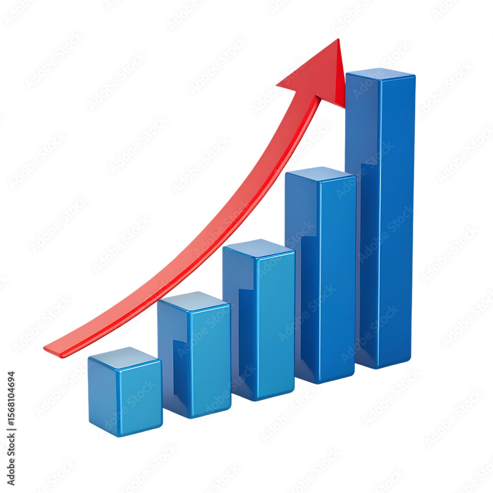 Blue bars red arrow upward trend bar chart growth Blue bars red arrow upward trend bar chart growth
