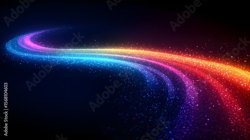 Abstract digital artwork featuring a luminous, swirling trail of sparkling particles in a vibrant rainbow gradient, set against a dark, cosmic background. It evokes a sense of magical energy