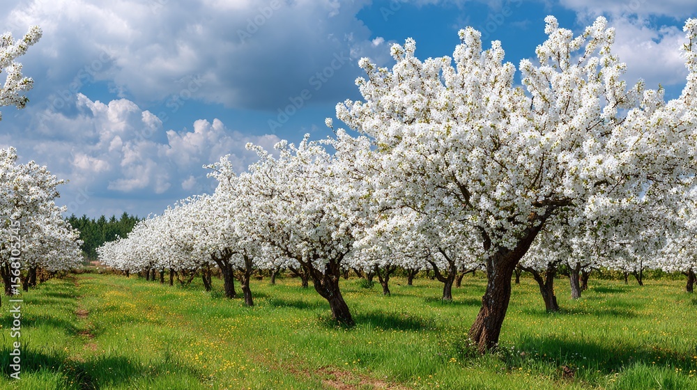 Orchard in full bloom. Row upon row of trees showcasing delicate white blossoms against a backdrop of blue sky and puffy clouds, nature in bloom. Orchard in full bloom. Row upon row of trees showcasing delicate white blossoms against a backdrop of blue sky and puffy clouds, nature in bloom.