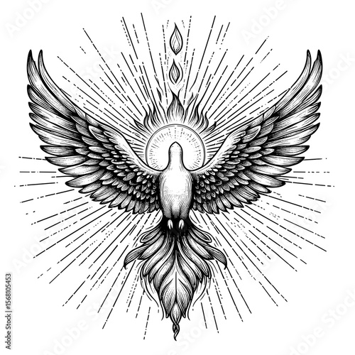 Winged bird descending against radiating lines