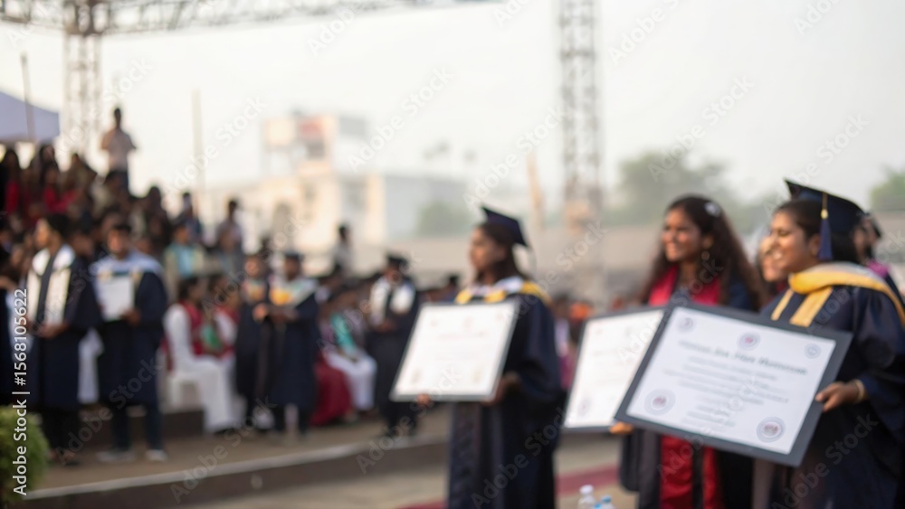 Fototapeta premium Blurred academic award ceremony with Indian students gathered in celebration setting 