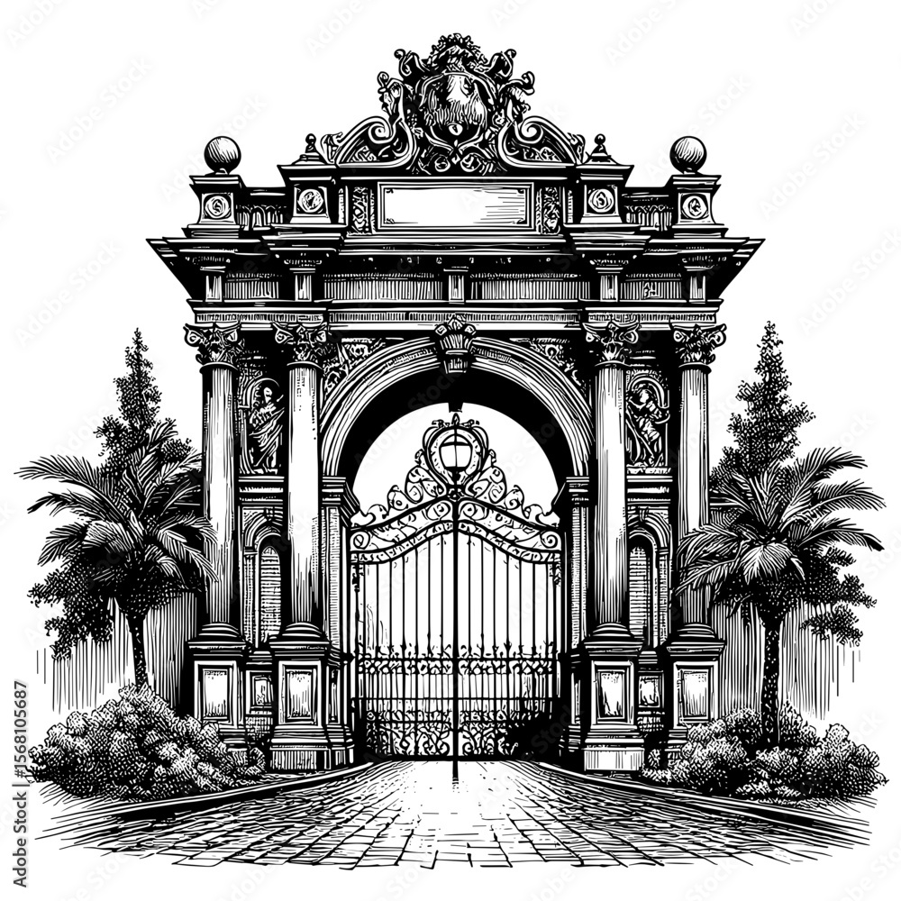 Fototapeta premium Ornate Gate Illustration in Monochrome Style