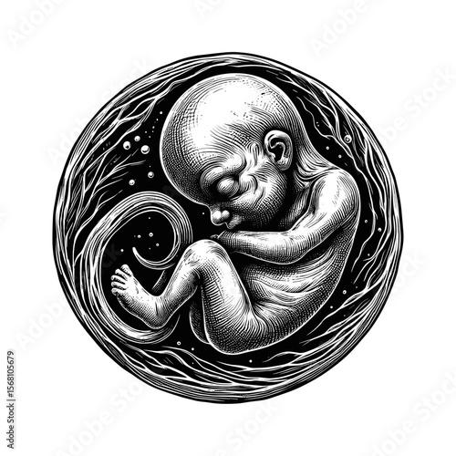 Fetus in womb drawing in black-and-white depicting pregnancy
