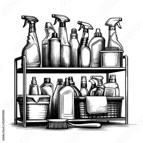 Cleaning supplies in sketch style in black and white for organization