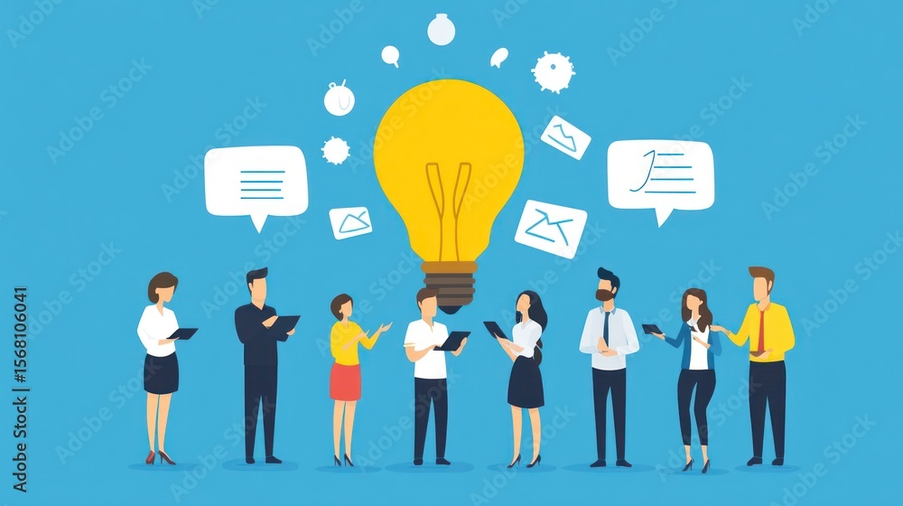 Team standing around a giant lightbulb with document symbols and a blue background Team standing around a giant lightbulb with document symbols and a blue background