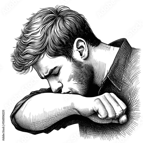 Young man with sad expression resting head on arm