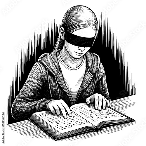 Blindfolded person reading braille book against dark background