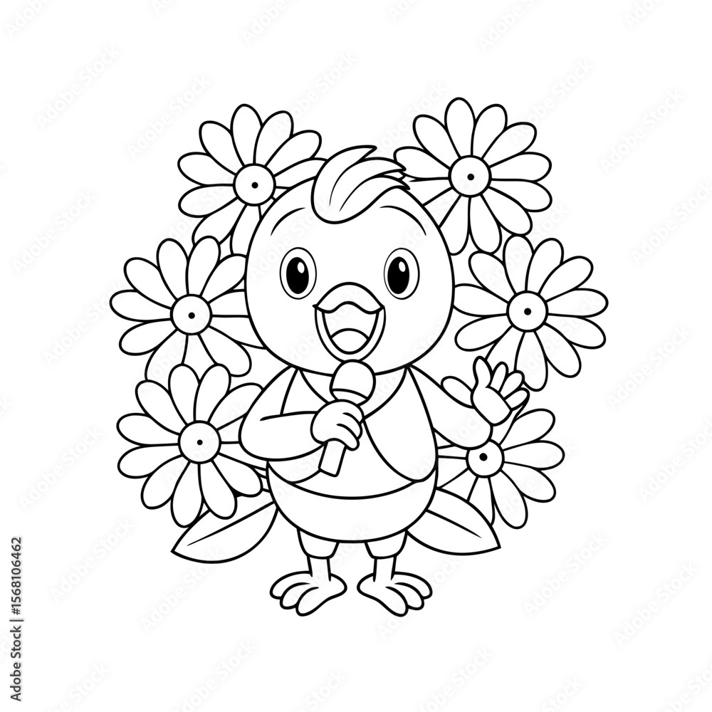 Fototapeta premium Chick Singing to Blooming Flower Outline Coloring Page