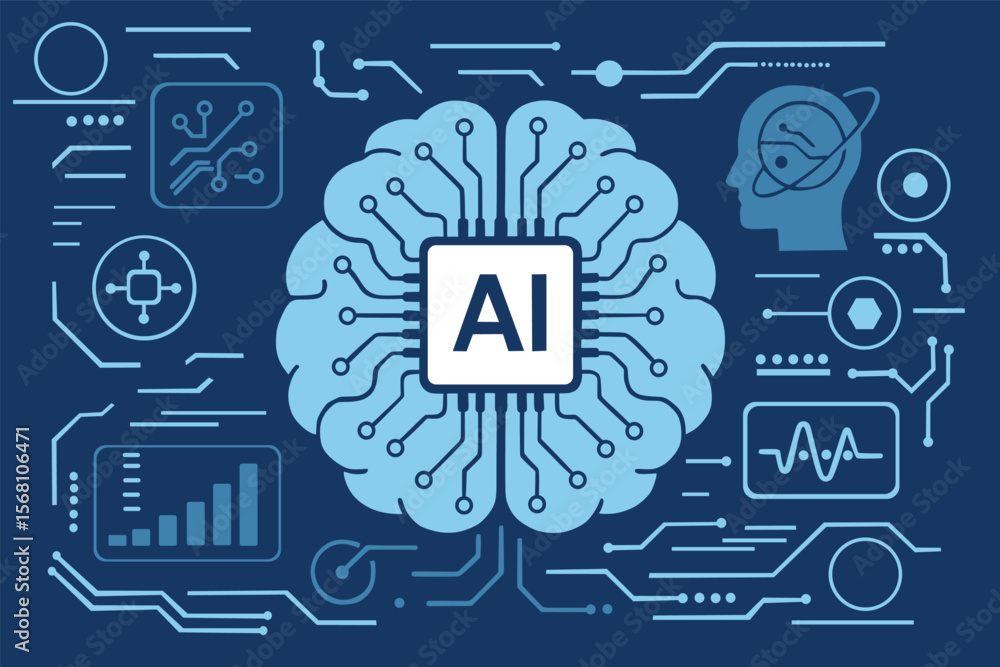 Fototapeta premium Artificial Intelligence Brain with Microchip and Circuit Technology – Futuristic Vector Illustration 