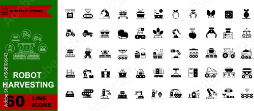 Outline Harvesting Robot Icons – Fruit Picker Arm, AI Camera, Charging Station