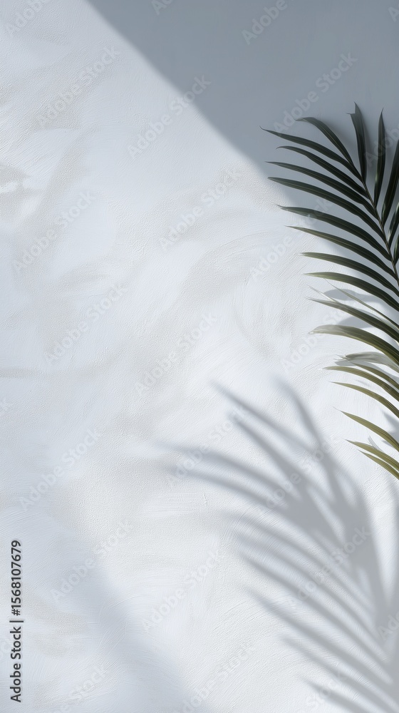 Obraz premium Bright White Textured Wall with Palm Leaf Casting Soft Shadow – Minimal Tropical Style with Diagonal Sunlight – Perfect for Summer Branding or Product
