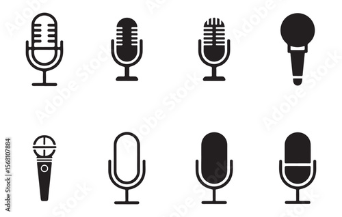 Various microphone icons black on white audio sound