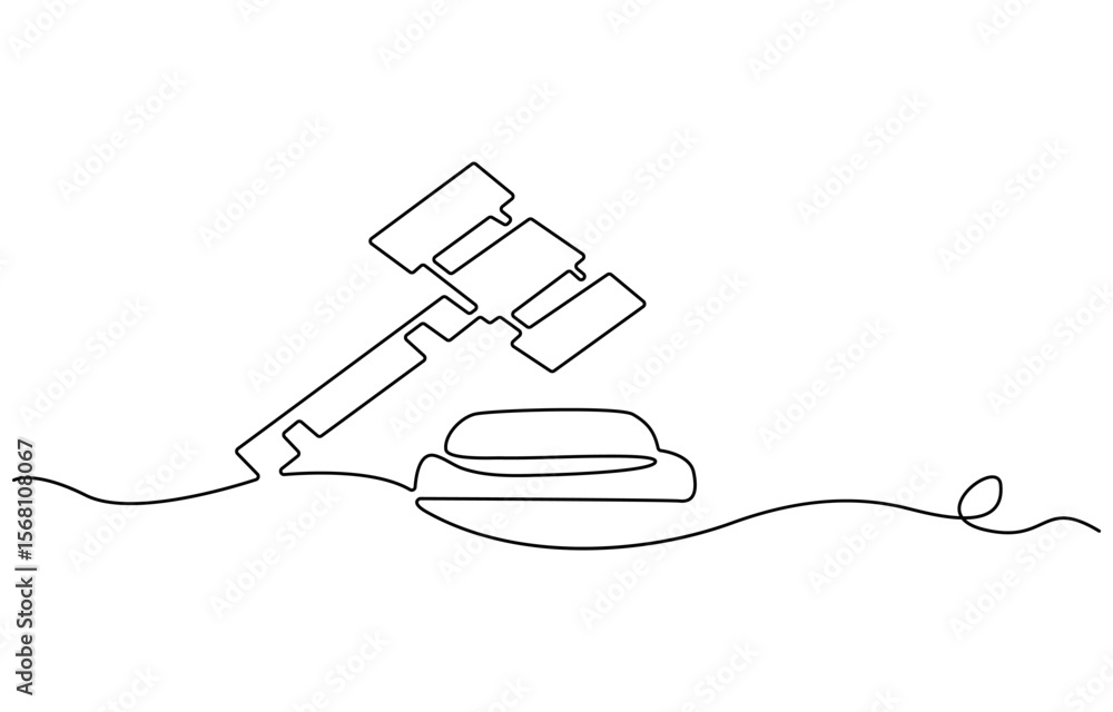 Fototapeta premium Judge hammer one continuous single line art drawing, One line drawing of judge hammer law symbol continuous hand drawn sketch minimalist design vector illustration
