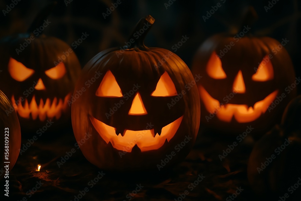 Fototapeta premium Glowing Jack o Lanterns Pumpkin Carvings Holiday Tradition Happy Halloween
