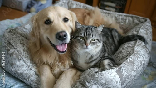 Wallpaper Mural Golden Retriever and British Shorthair share a dog bed too small for both, squished together adorably, with visible affection and tail flicks showing trust. Torontodigital.ca