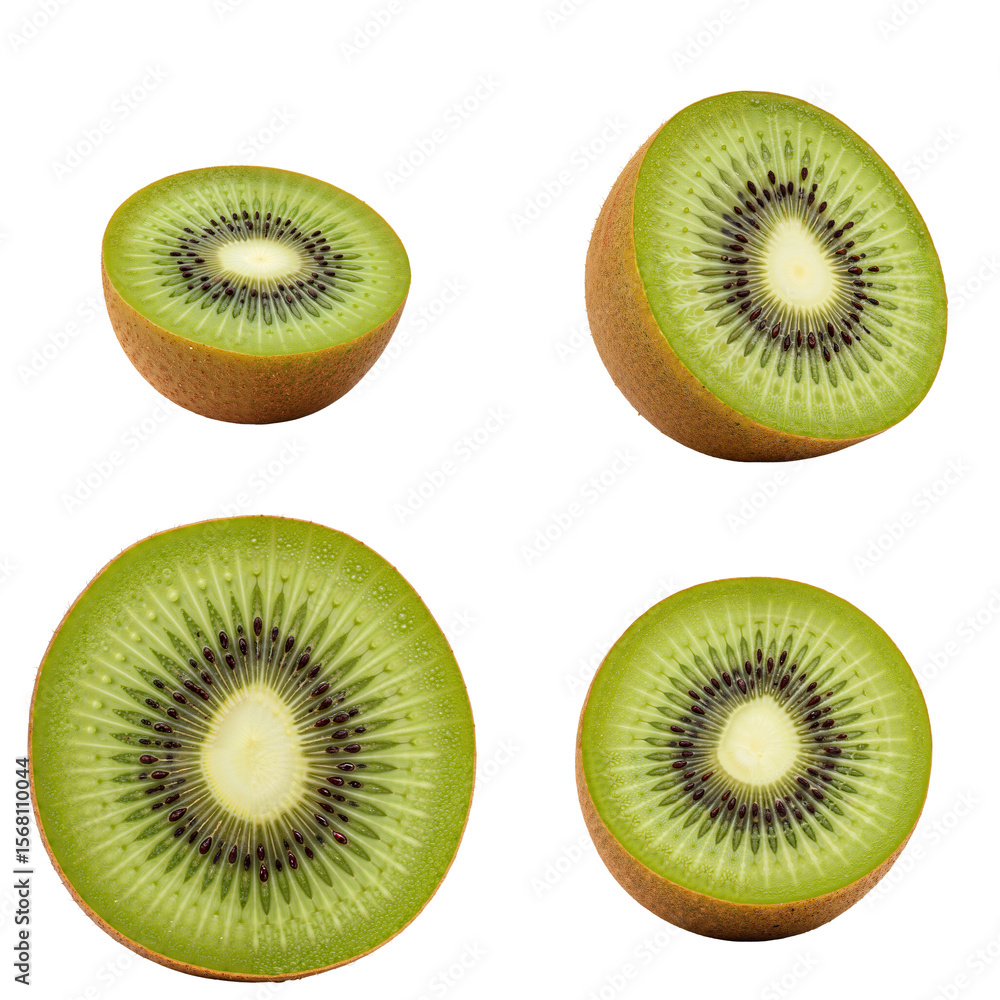 Fototapeta premium Sliced kiwi fruit in various angles showcasing green flesh and seeds, transparent background