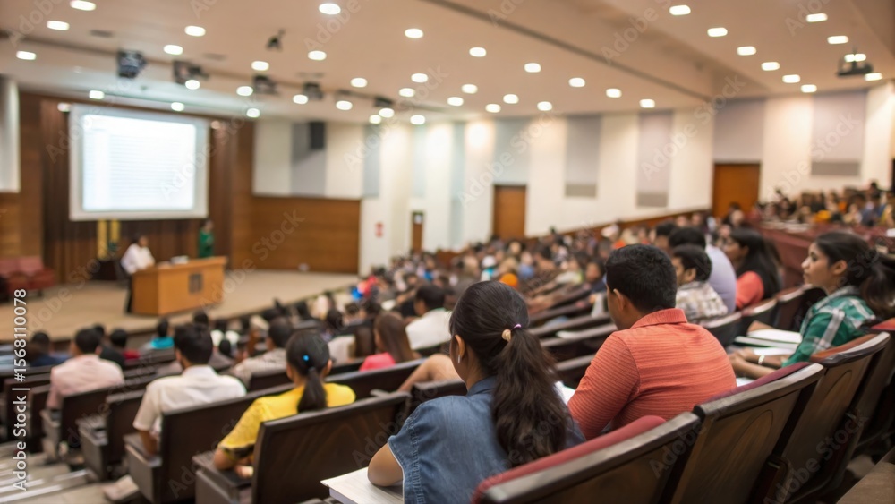 Fototapeta premium Blurred college auditorium filled with Indian students attending academic conference 