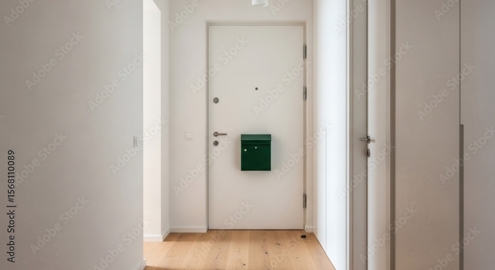 Fototapeta premium White front door of a modern house interior with a green mailbox. Contemporary home entrance with hardwood floor.