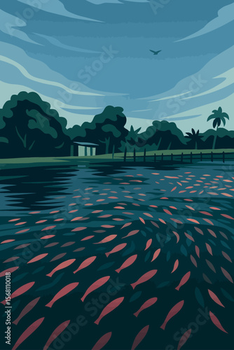 This is a stylized digital illustration of a fish pond set in a serene rural landscape. The pond is filled with numerous pinkish-red fish swimming just below the surface of the calm water. In the back